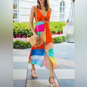Orange Abstract Tie Button Down Dress